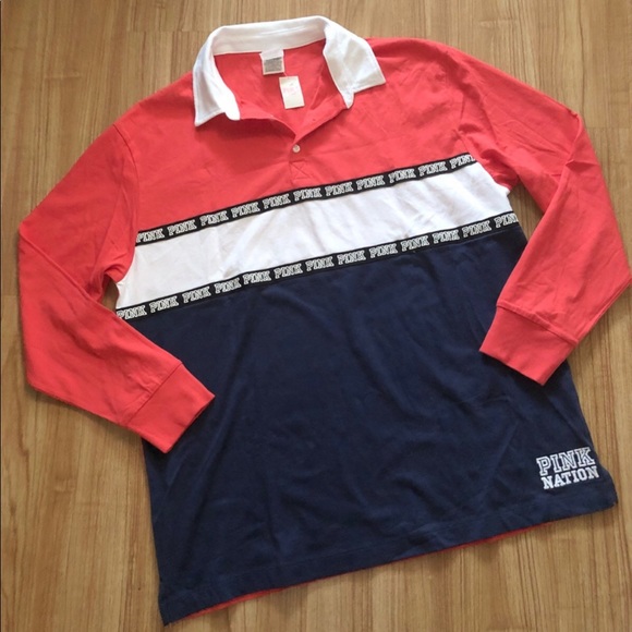 NWT PINK Rugby Logo Collared Shirt LARGE/XL Retails $50 - Picture 2 of 9